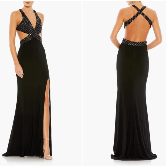 MAC DUGGAL FLORAL SEQUIN CUTOUT SHEATH BLACK GOWN sz 4